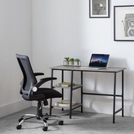 Staten Black Metal Frame Computer Table With Shelves- Concrete