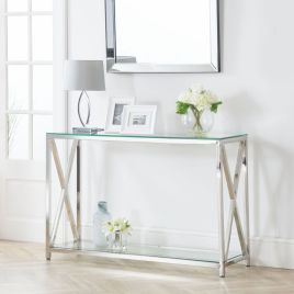 Miami Stainless Steel Cross Frame Design Console Table - Tempered Glass