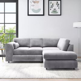 DELANO Plush Velvet 4 Seater L Shaped Fullback Corner Sofa - Light Grey, Right Hand Facing