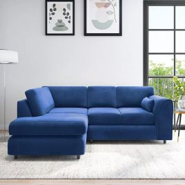 DELANO Plush Velvet 4 Seater L Shaped Fullback Corner Sofa - Midnight Blue, Left Hand Facing