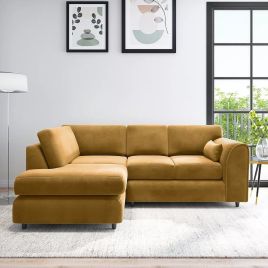 DELANO Plush Velvet 4 Seater L Shaped Fullback Corner Sofa - Mustard, Left Hand Facing