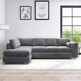 DELANO Plush Velvet Large 5 Seater L Shaped Fullback Corner Sofa - Dark Grey, Left Hand Facing