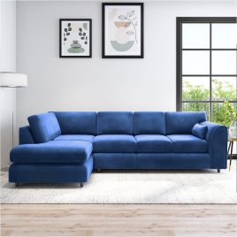 DELANO Plush Velvet Large 5 Seater L Shaped Fullback Corner Sofa - Midnight Blue, Left Hand Facing