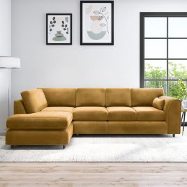 DELANO Plush Velvet Large 5 Seater L Shaped Fullback Corner Sofa - Mustard, Left Hand Facing