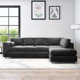 DELANO Plush Velvet Large 5 Seater L Shaped Fullback Corner Sofa - Black, Right Hand Facing