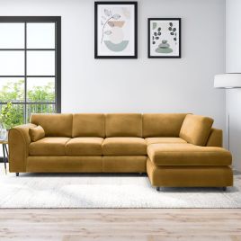 DELANO Plush Velvet Large 5 Seater L Shaped Fullback Corner Sofa - Mustard, Right Hand Facing