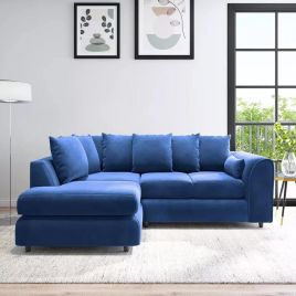 DELANO Plush Velvet 4 Seater L Shaped Scatterback Corner Sofa - Midnight Blue, Left Hand Facing