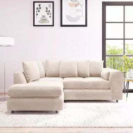 DELANO Plush Velvet 4 Seater L Shaped Scatterback Corner Sofa - Cream, Left Hand Facing