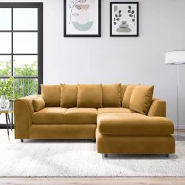 DELANO Plush Velvet 4 Seater L Shaped Scatterback Corner Sofa - Mustard, Right Hand Facing