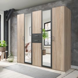 DAKAR 5 Door Mirrored Wardrobe Oak and Graphite - 225cm