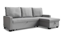 QUINDLE Fabric 3 Seater L Shaped Corner Sofa Bed - Grey, Reversible Facing