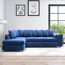DELANO Plush Velvet Large 5 Seater L Shaped Scatterback Corner Sofa - Midnight Blue, Left Hand Facing