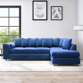 DELANO Plush Velvet Large 5 Seater L Shaped Scatterback Corner Sofa - Midnight Blue, Right Hand Facing