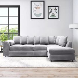 DELANO Plush Velvet Large 5 Seater L Shaped Scatterback Corner Sofa - Light Grey, Right Hand Facing