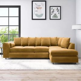 DELANO Plush Velvet Large 5 Seater L Shaped Scatterback Corner Sofa - Mustard, Right Hand Facing