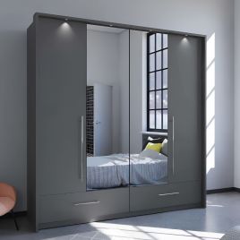 LINDSEY 2 Door Mirrored Wardrobe with 2 Drawers Graphite - 209cm