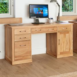 Harriet Oak Contemporary Large Twin Pedestal Computer Desk with Door and Drawer