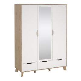 IKRON 3 Doors Mirrored Wardrobe with 2 Drawers Light Oak and White - 147cm