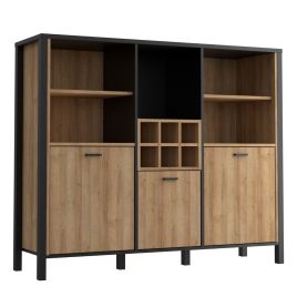 Broxtowe Matt Black Metal Frame Shelf Unit with 3 Door and Multiple Shelves - Riviera Oak