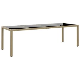 Garden Table with Glass Top Beige Poly Rattan