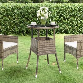 Garden Table Ã˜60x75 cm Tempered Glass and Poly Rattan Grey