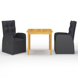 3 Piece Garden Dining Set with Cushions Black Poly Rattan