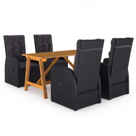 5 Piece Garden Dining Set with Cushions Black Poly Rattan