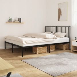 Metal Bed Frame with Headboard Black 160x200 cm