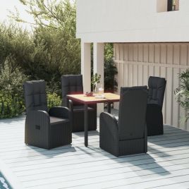5 Pcs Garden Dining Set Black Poly Rattan and Solid Wood Acacia