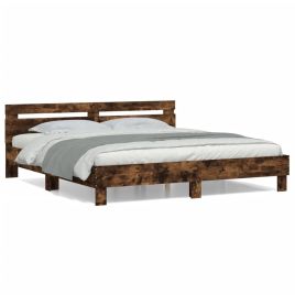 Bed Frame with Headboard Smoked Oak 200x200 cm Engineered Wood