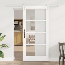 Sliding Door with Hardware Set "ORKDAL" White Solid Wood & Glass