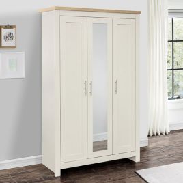 HEINZ 3 Door Mirrored Wardrobe Cream and Oak Effect - 112cm