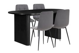 AUREN Fluted Oval Dining Table with 4 Fabric Chairs - Black