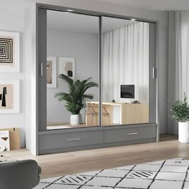 IRVINE II 2 Door Mirrored Sliding Wardrobe with 2 Drawers Grey Matt - 200cm