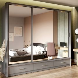 IRVINE II 3 Door Mirrored Sliding Wardrobe with 3 Drawers Grey Matt - 250cm