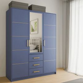 BARNSLEY 3 Door Mirrored Wardrobe with 3 Drawers Blue - 147cm