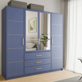 BARNSLEY 4 Door Mirrored Wardrobe with 3 Drawers Blue - 196cm