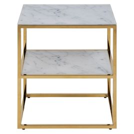 WINDALE Bedside Table with Marble Glass Top and Gold Base - White and Gold