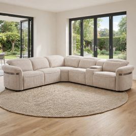 DENSWICK Fabric Large 5 Seater L Shaped Electric Recliner Corner Sofa - Beige