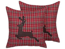 Set of 2 Cushions Reindeer Motif 45x45cm Red