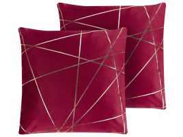 Set of 2 Velvet Cushions Geometric Pattern 45x45cm Red