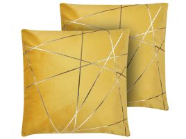 Set of 2 Velvet Cushions Geometric Pattern 45x45cm Yellow