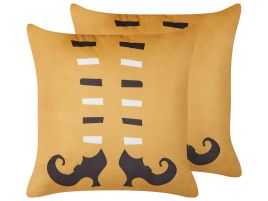 Set of 2 Velvet Cushions Witch Shoes Pattern 45x45cm Orange