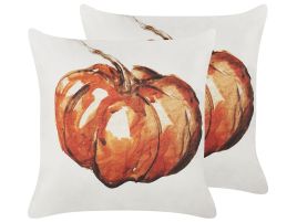 Set of 2 Velvet Cushions Pumpkin Motif 45x45cm Beige and Orange