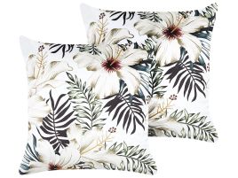 Set of 2 Velvet Cushions Leaf Pattern 45x45cm White and Green
