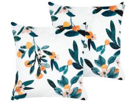 Set of 2 Velvet Cushions Leaf Pattern 45x45cm White and Green