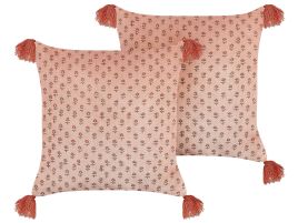 Set of 2 Velvet Cushions Floral Motif with Tassels 45x45cm Pink
