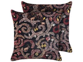 Set of 2 Velvet Cushions with Botanical Pattern 45x45cm Black and Pink