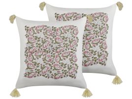 Set of 2 Cotton Cushions Floral Pattern with Tassels 45x45cm Multicolour