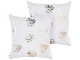Set of 2 Velvet Cushions Leaf Pattern 45x45cm White